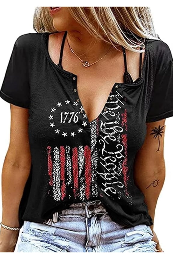 American Flag Shirts Women Patriotic Shirt 4th of July Tee Tops V-Neck Short Sleeve Summer T-Shirt Large
