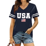 American Flag Shirts Women Patriotic Shirt 4th of July Tee Tops V-Neck Short Sleeve Summer T-Shirt Large