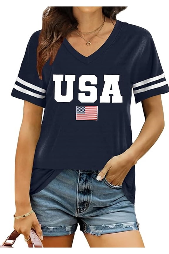 American Flag Shirts Women Patriotic Shirt 4th of July Tee Tops V-Neck Short Sleeve Summer T-Shirt Medium