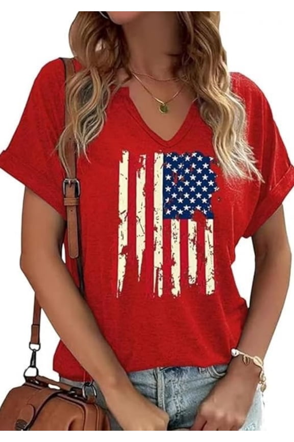 American Flag Shirts Women Patriotic Shirt 4th of July Tee Tops V-Neck Short Sleeve Summer T-Shirt X-Large