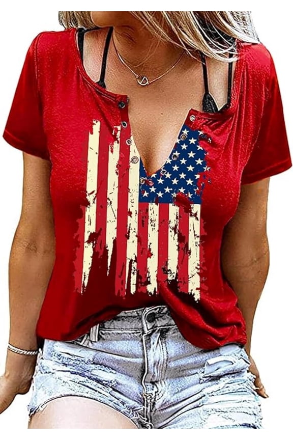 American Flag Shirts Women Patriotic Shirt 4th of July Tee Tops V-Neck Short Sleeve Summer T-Shirt X-Large
