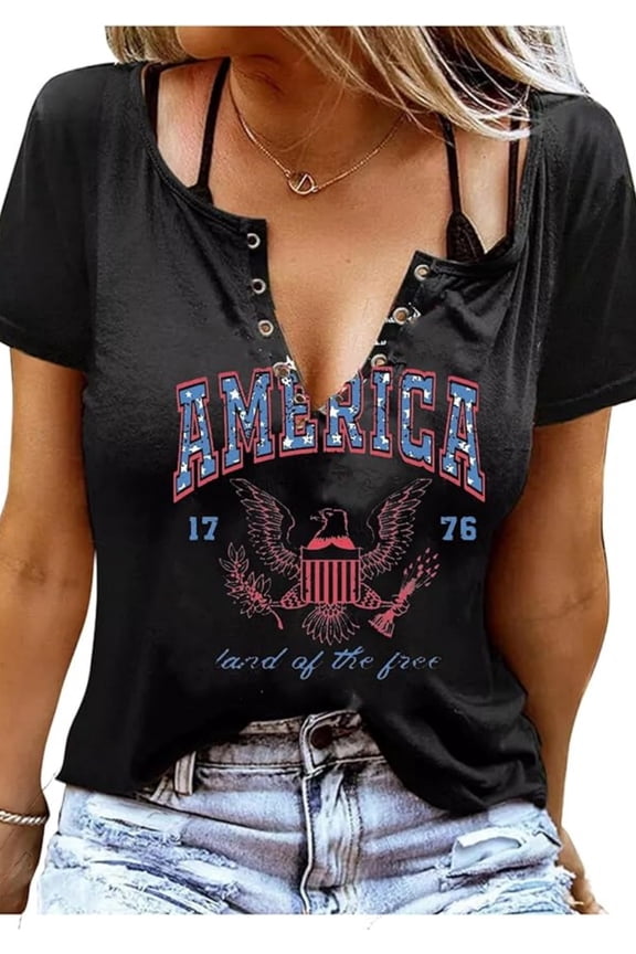 American Flag Shirts Women Patriotic Shirt 4th of July Tee Tops V-Neck Short Sleeve Summer T-Shirt X-Large