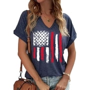 American Flag Shirts Women Patriotic Shirt 4th of July Tee Tops V-Neck Short Sleeve Summer T-Shirt X-Large