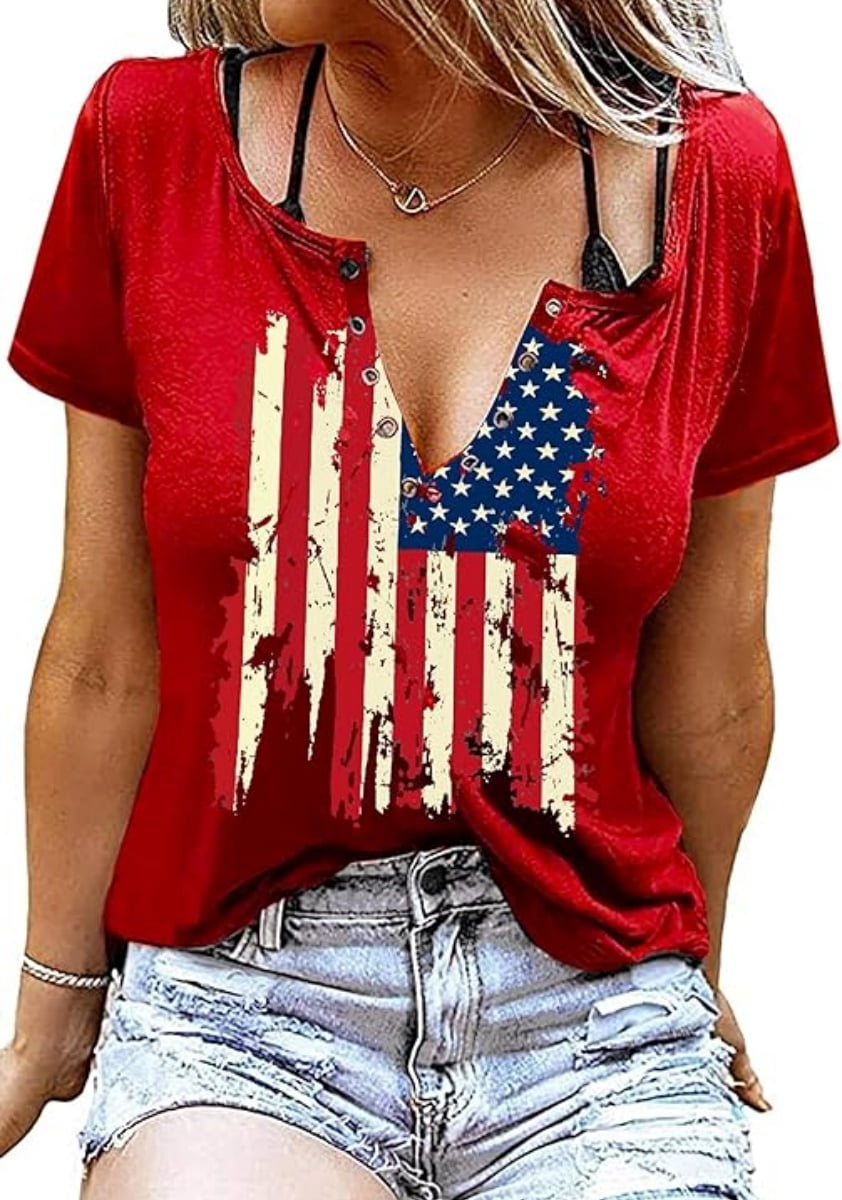 American Flag Shirts Women Patriotic Shirt 4th of July Tee Tops V-Neck Short Sleeve Summer T-Shirt XX-Large