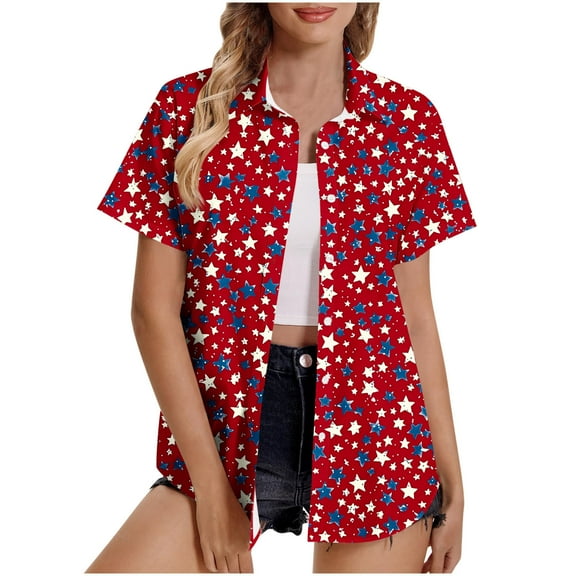 American Flag Shirts Women Patriotic Shirt 4th of July Tops USA Flag Red White Blue Top Button Up Blouse