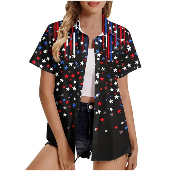 American Flag Shirts Women Patriotic Shirt 4th of July Tops USA Flag Red White Blue Top Button Up Blouse