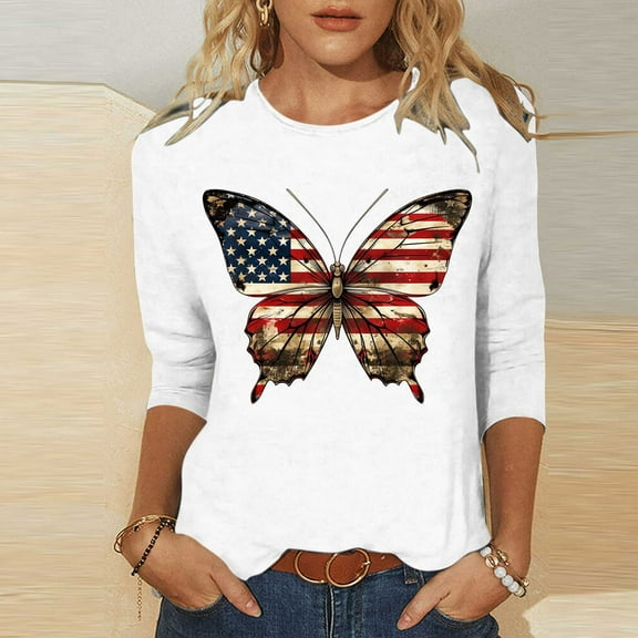 American Flag Shirts Womens 4th of July Blouse Red White and Blue T Shirt Womens Red White and Blue Womens Top Red White and Blue Tee Women's Independence Day Round Neck 3/4 Sleeve T-Shirt Top