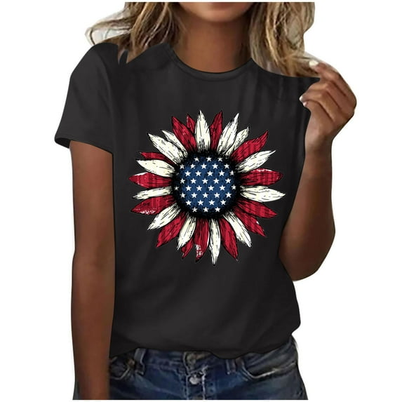 American Flag Shirts for Womens USA Flag Sunflower Graphic Tshirts 2025 Fashion 4th of July Short Sleeve Crewneck Tees Going Out Vacation T-Shirt Cute Patriotic Tops Independence Day Blouse