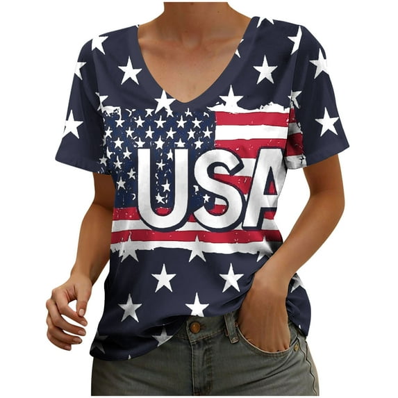 American Flag Shirts for Womens USA Star Stripes Fourth July Tee Shirts Casual Summer Tops Short Sleeve Basic Tees Classic Fit Loose Tunic Top Independence Day Patriotic T-Shirt Blouses