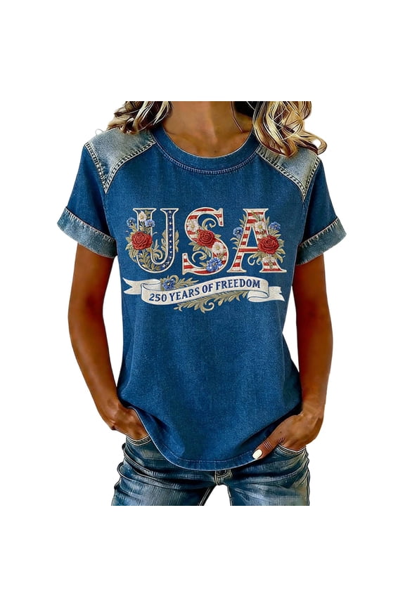 American Flag Shirts for Women 2026 4th of July Patriotic Trendy Patchwork Crew Neck Short Sleeve Tops Dressy Casual Beach Vacation Tees