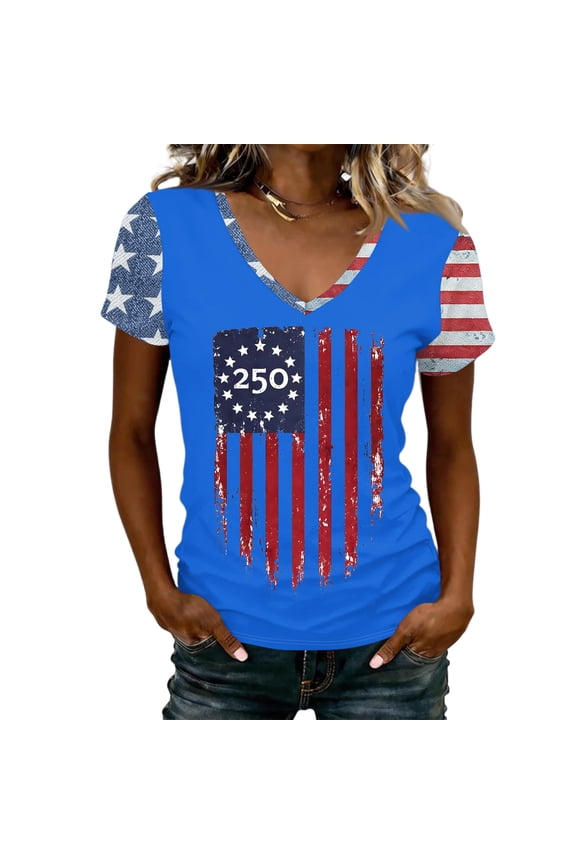 American Flag Shirts for Women 250th Anniversary V-Neck Tee 4th of July T Shirt 1776-2026 USA Patriotic Tops Sky Blue XXL