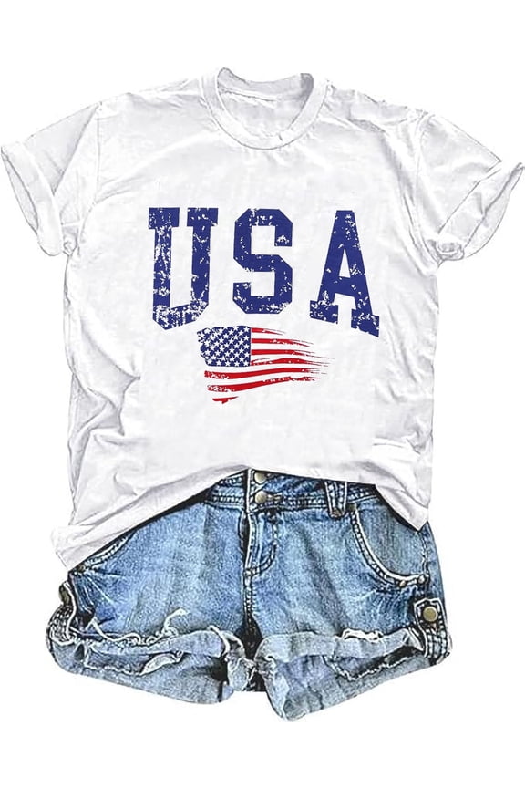 American Flag Shirts for Women 4th of July T-Shirt USA Print Patriotic Shirt Stars and Stripes Freedom Graphic Tees Large