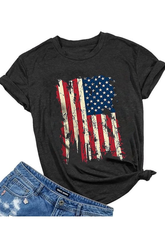 American Flag Shirts for Women 4th of July T-Shirt USA Print Patriotic Shirt Stars and Stripes Freedom Graphic Tees Large