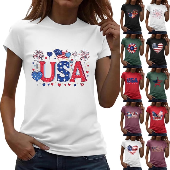American Flag Shirts for Women 4th of July T-Shirt USA Print Patriotic Shirt Summer Cute Graphic Tee Tops