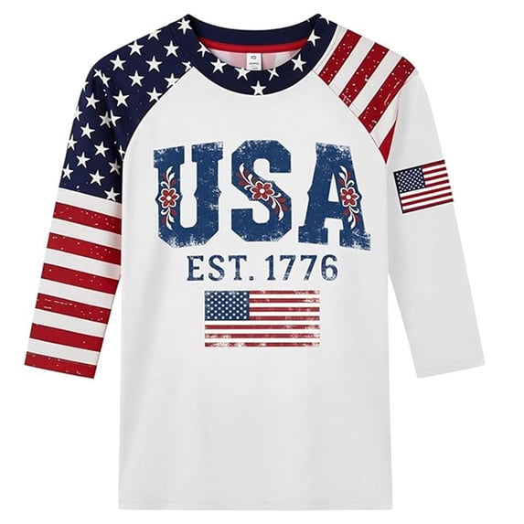 American Flag Shirts for Women Patriotic Raglan Sleeve for Fourth Of July Crew Neck Three Quarter Length Funny Loose Fit Casual Tops