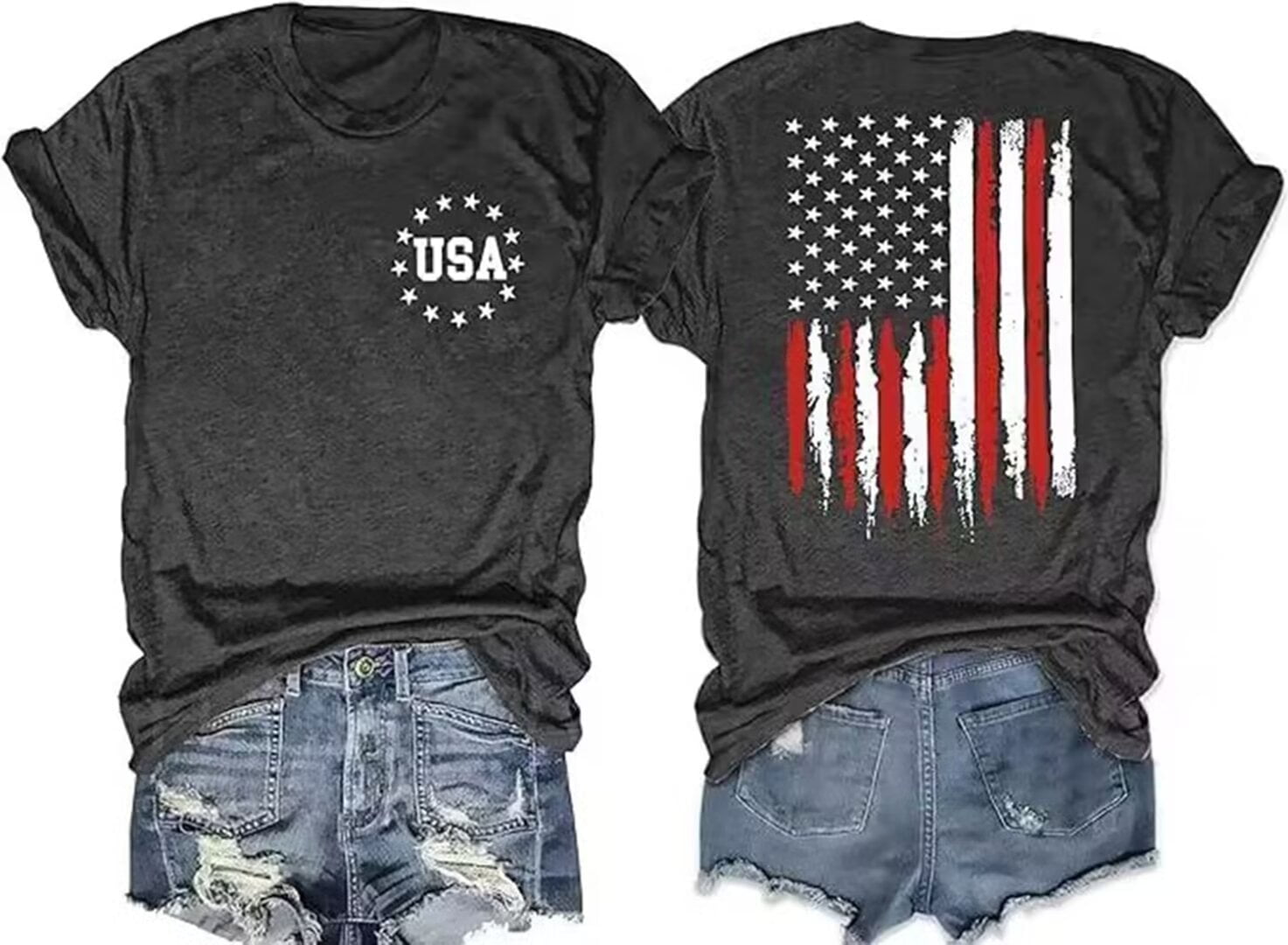 QDL Women's American Flag T-Shirt - 4th Of July Patriotic Tee, Short Sleeve, Relaxed Fit, Grey