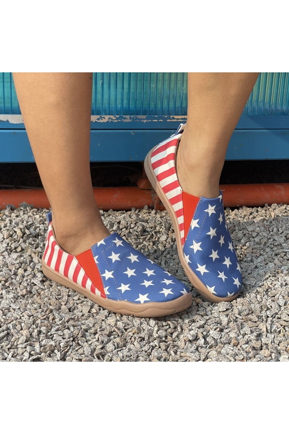 American Flag Shoes for Women Patriotic Canvas Sneakers Lightweight Breathable Non-Slip Durable Slip-On Casual Shoes for Daily Wear 4th of July Outdoor Walking Patriotic Events,Light Blue 38