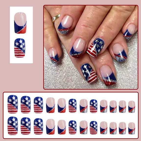 American Flag Short Glitter Press-On Nails Set, 24 Pieces, Patriotic Independence Day Design, Easy Application with Jelly Adhesive, DIY Nail Art for Holidays and Parties