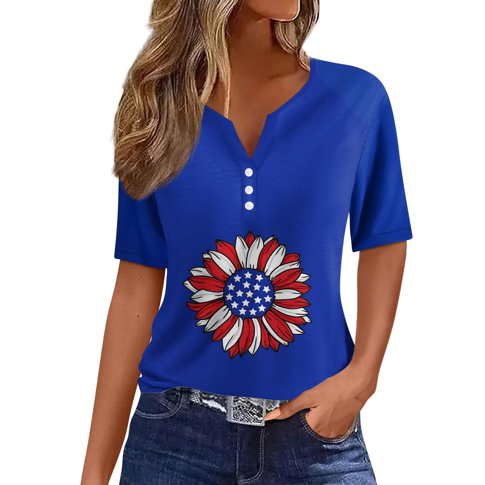 American Flag Short Sleeve Women Tops Trendy Summer 2024 Buttons Casual Tops Summer USA Flag