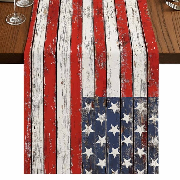 American Flag Short Table Runner 36 Inches Long,Red Blue Star Stripes Rustic Farmhouse Wood Cotton Linen Table Runners Dresser Scarves,Tabletop Scarf Furniture Cover for Home Dinner Party 13"x36"