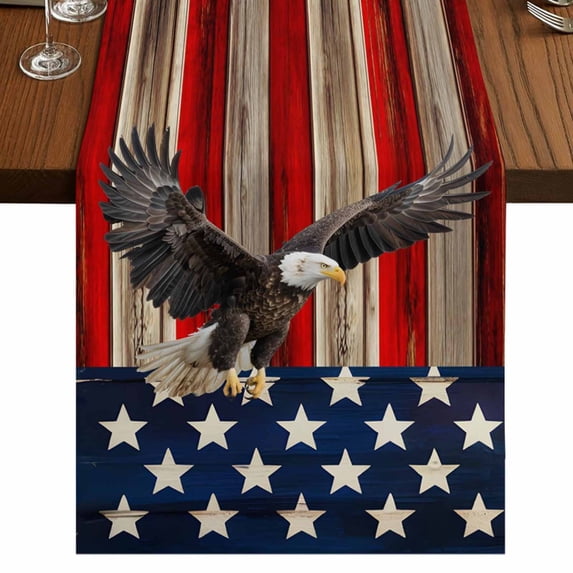 American Flag Short Table Runner 48 Inches Long, Eagle Blue Red USA Flag Retro Cotton Linen Table Runners Dresser Scarves, Fabric Tabletop Scarf Furniture Cover for Home Dinner Party Decor 13"x48"