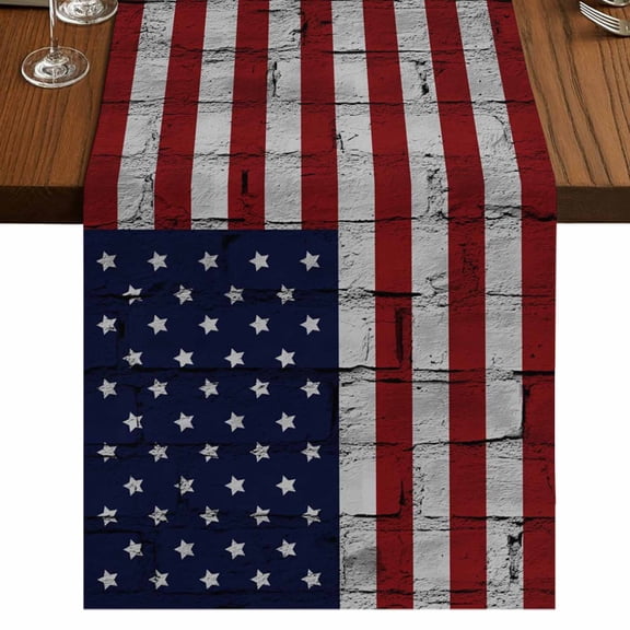 American Flag Short Table Runner 60 Inches Long,Vintage Brick Wall Star Striped Red Blue Cotton Linen Table Runners Dresser Scarves,Tabletop Scarf Furniture Cover for Home Dinner Party Decor 13"x60"