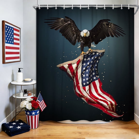 250 American Flag Shower Curtain, 4th of July Shower Curtain Patriotic Shower Curtain American USA Flag with Flying Bald Eagle Bathroom Curtain Vintage Flag Shower Curtain with Hooks, 72x72 inches