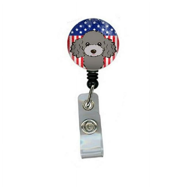 American Flag & Silver Gray Poodle Retractable Badge Reel - Silver Gray 