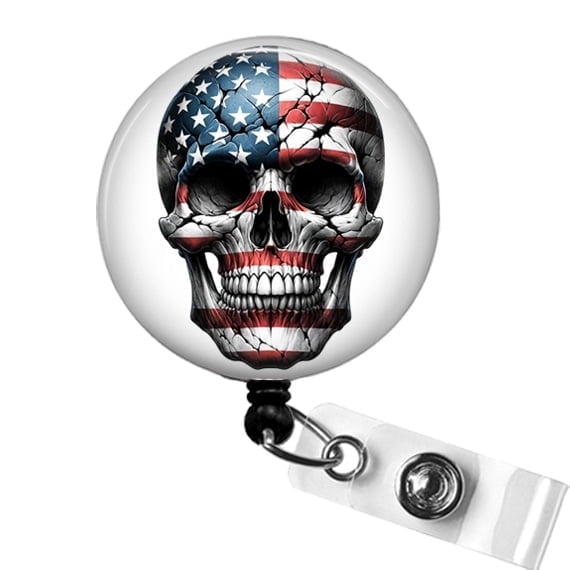 American Flag Skull Badge Reel Patriotic X-Ray Tech or Nurse ID Clip with USA Pride | Scrapheart