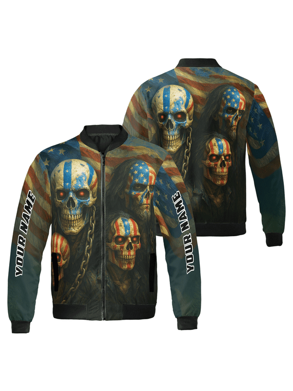 American Flag Skull Bomber Jacket – Custom Name Gothic Biker Jacket – USA Patriotic Streetwear for Men & Women