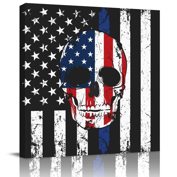 American Flag Skull Canvas Artwork Painting Art, Patriot Black and White Square Framed Wall Decorations Prints Picture for Bedroom Kitchen Living Room, 8x8 in