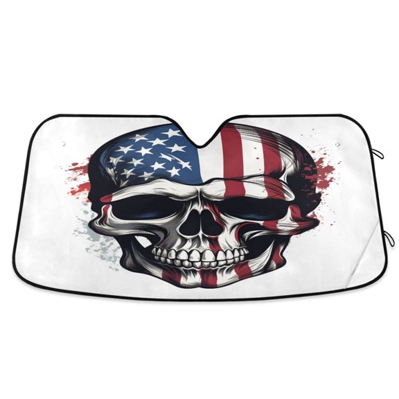 American Flag Skull Car Windshield Sun Shade Foldable Car Front Window Visor Heat and UV Protection 53x23.5
