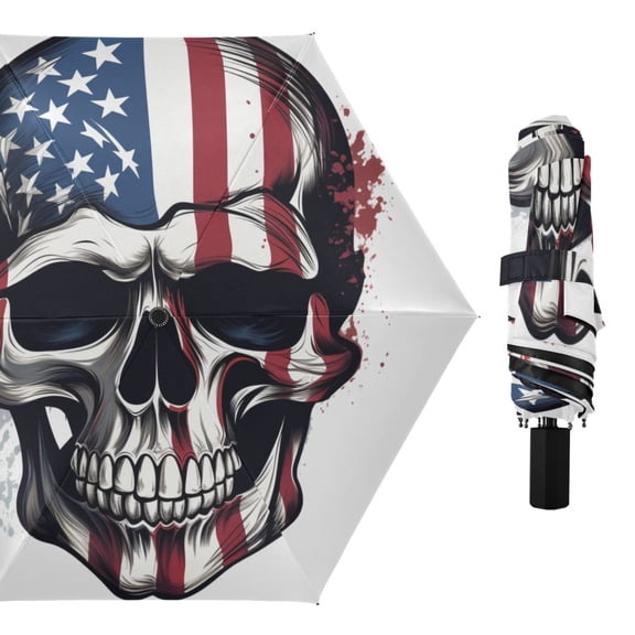 American Flag Skull Compact Sun Umbrella Windproof Travel Umbrellas for Rain Strong Portable UV Protection