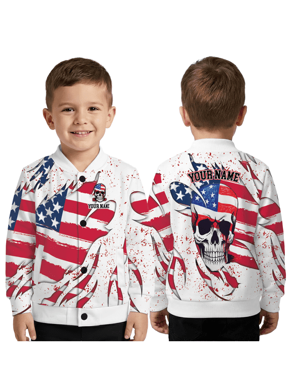 American Flag Skull Jacket – Patriotic Skull Graphic Baseball Jacket, 4th of July USA Flag Coat