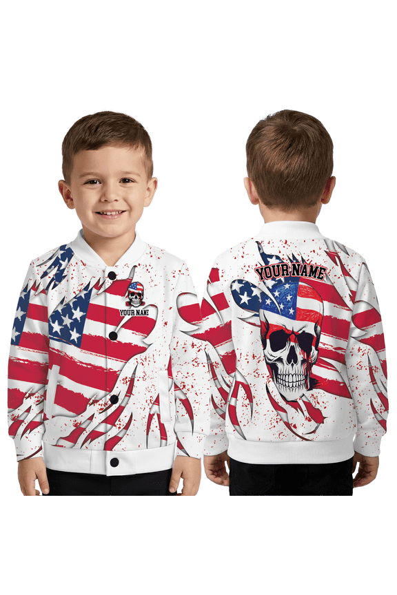 American Flag Skull Jacket – Patriotic Skull Graphic Baseball Jacket, 4th of July USA Flag Coat