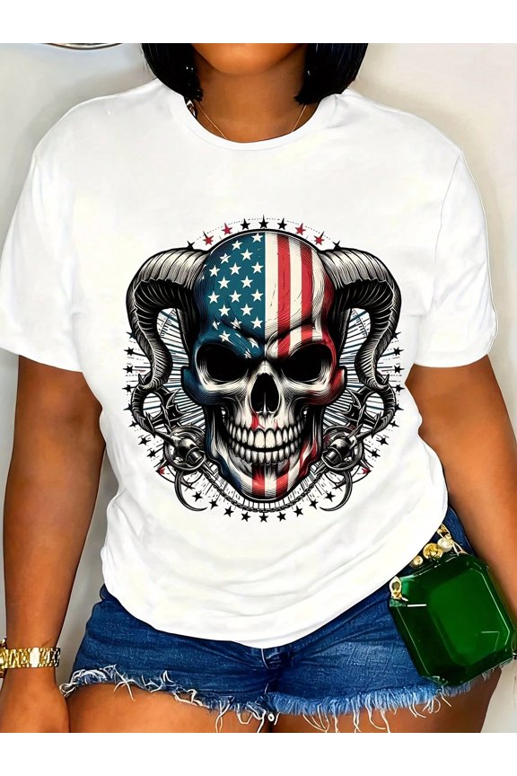 American Flag Skull With Horns T-Shirt Patriotic USA Design Graphic Tee For Men And Women Biker Style Fashion Shirt White Short Sleeve Top