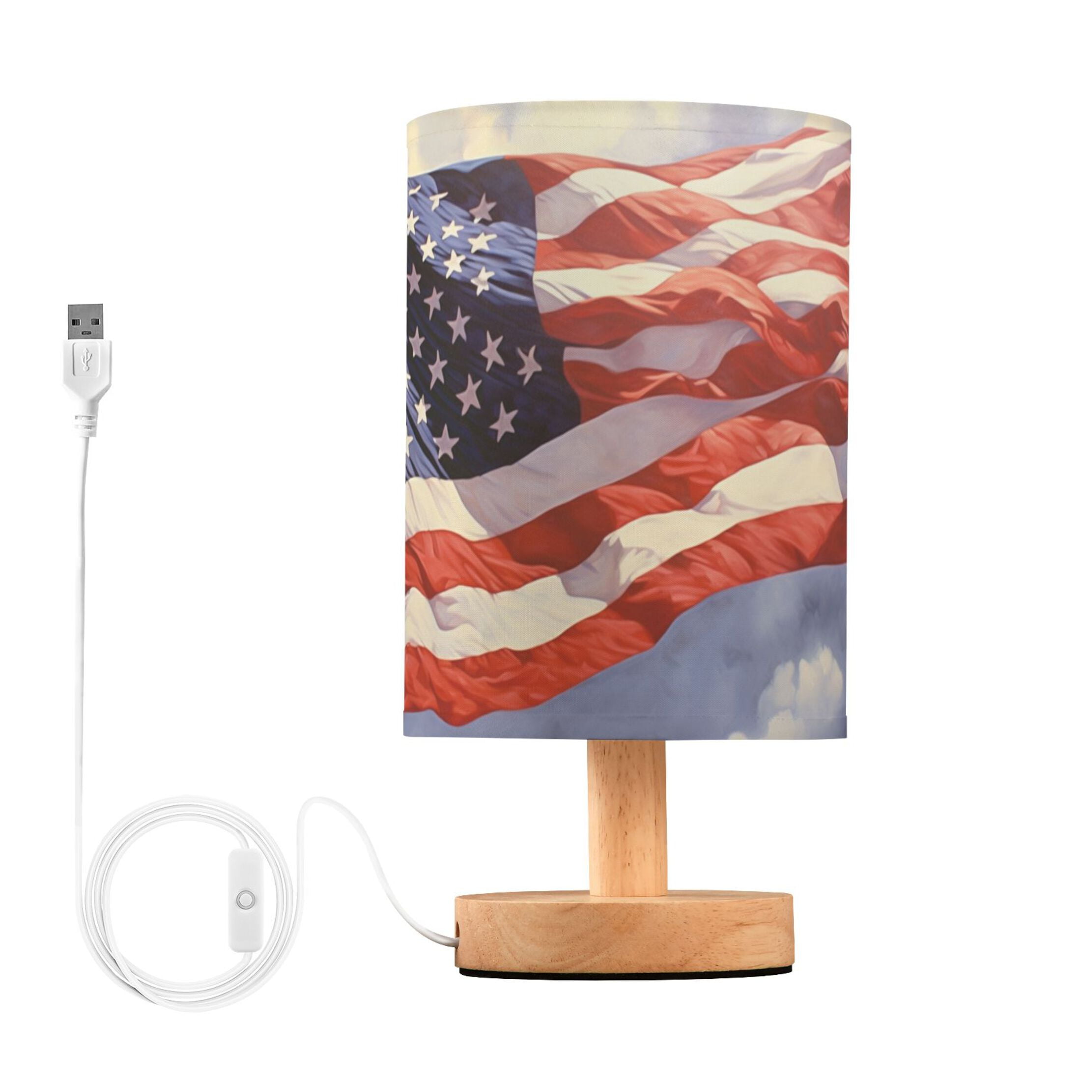 American Flag Sky Table Lamp USB Bedside Desk Nightstand Lamp Printed Gifts Small Lamp Wood Base ...