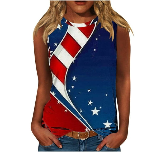 American Flag Sleeveless Shirts Womens Plus Size Independence Day Fashion Tanks Tops 4th of July Patriotic Outfits Round Neck Casual T-Shirts Star Stripes USA Flag Camis Blouse Summer Clothing