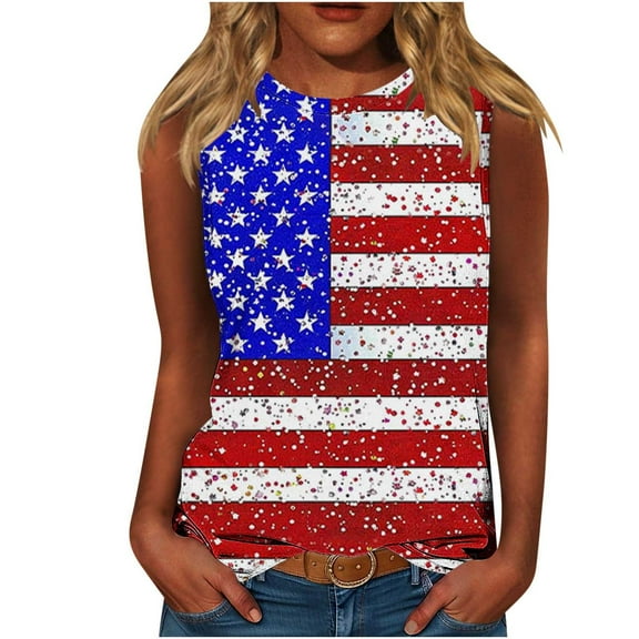 American Flag Sleeveless Shirts Womens Plus Size Independence Day Fashion Tanks Tops 4th of July Patriotic Outfits Round Neck Casual T-Shirts Star Stripes USA Flag Camis Blouse Summer Clothing