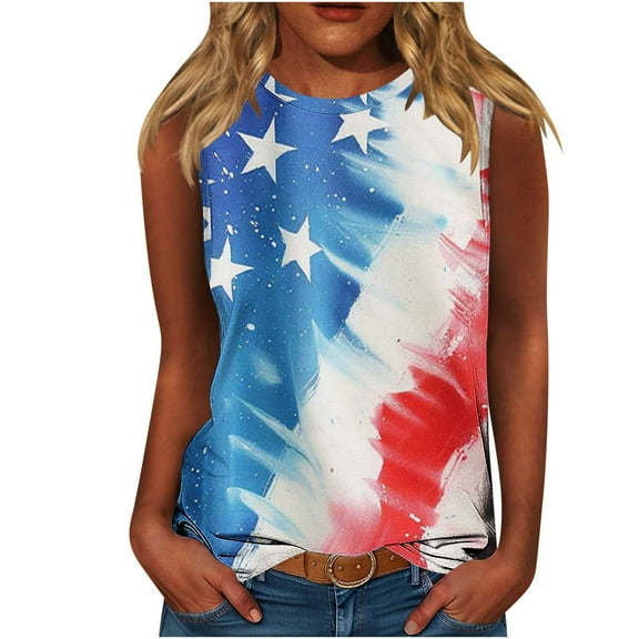 American Flag Sleeveless Shirts Womens Plus Size Independence Day Fashion Tanks Tops 4th of July Patriotic Outfits Round Neck Casual T-Shirts Star Stripes USA Flag Camis Blouse Summer Clothing