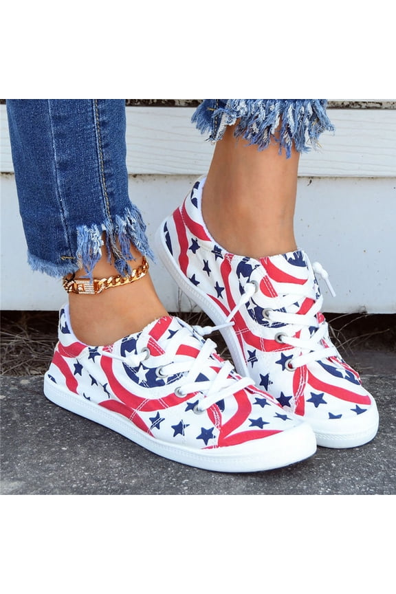 American Flag Sneakers for Women 4th of July Shoes Lightweight Canvas Slip-Ons with Non-Slip Sole Cushioned Insole Durable Upper Easy On/Off Design Casual Daily Wear Outdoor Patriotic Events,Red 39