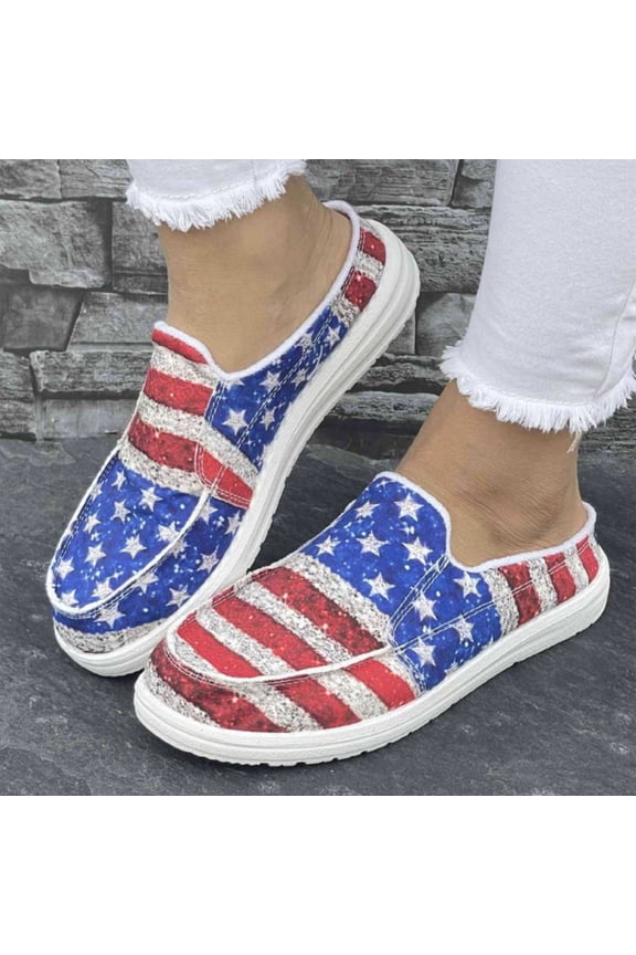 American Flag Sneakers for Women 4th of July Shoes Lightweight Canvas Slip-Ons with Non-Slip Sole Cushioned Insole Durable Upper Easy On/Off Fit Casual Daily Wear Outdoor Patriotic Events,Blue 40