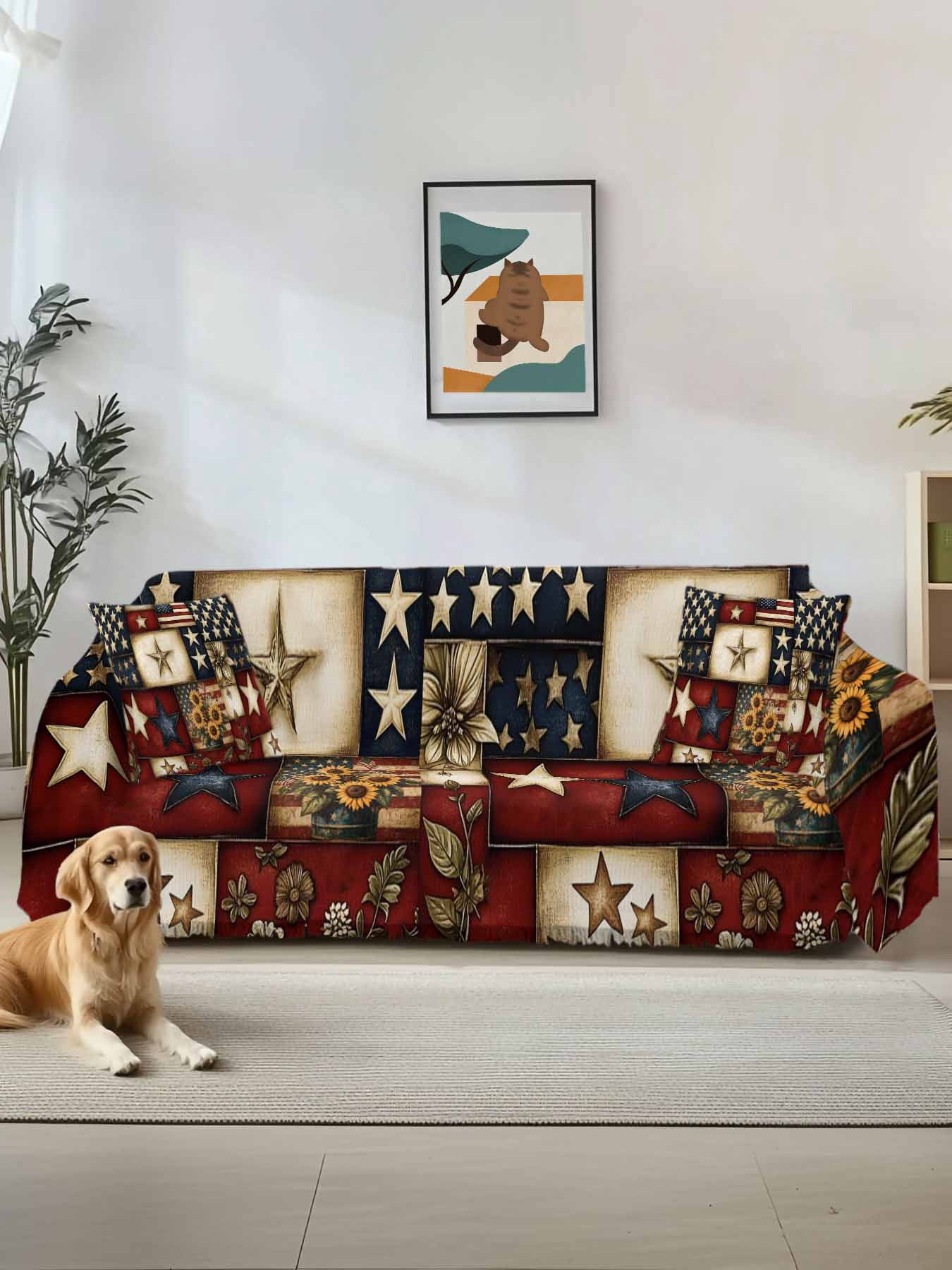 American Flag Sofa Covers for 2-3 Cushion Couch L-Shaped Sectional, Texas Star Farmhouse Sunflowers Blue Red Washable Sofa Covers Slipcover for Living Room Furniture, Couch Cover Blanket 71"x134"