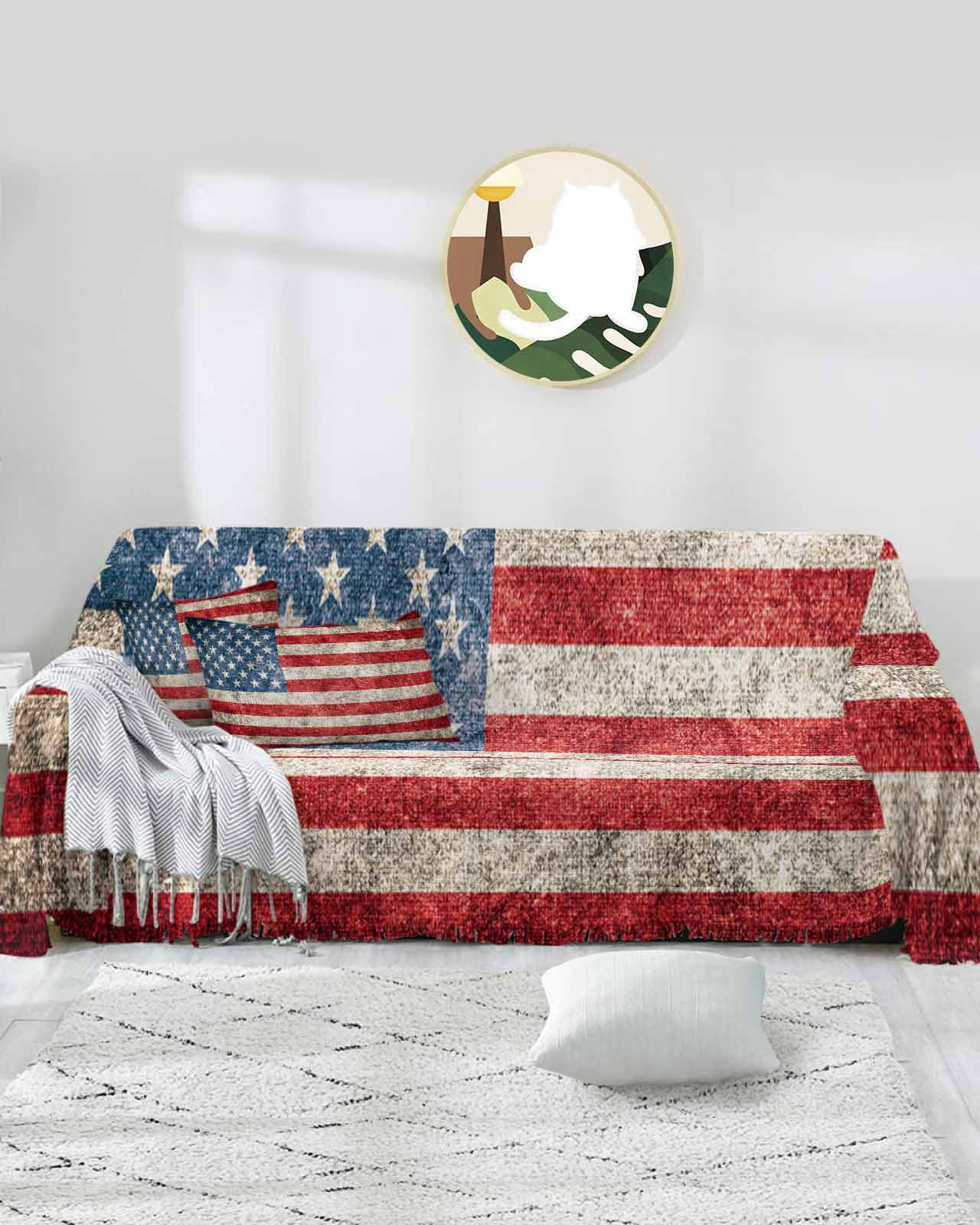 American Flag Sofa Covers for 3 Cushion Couch,Washable Sectional & L Shape Couch Covers for Dog/Cat/Kid,Rustic Chic Red Blue Star Stripes Non Slip Sofa Slipcover Tassel Futon Cover 71''x150''