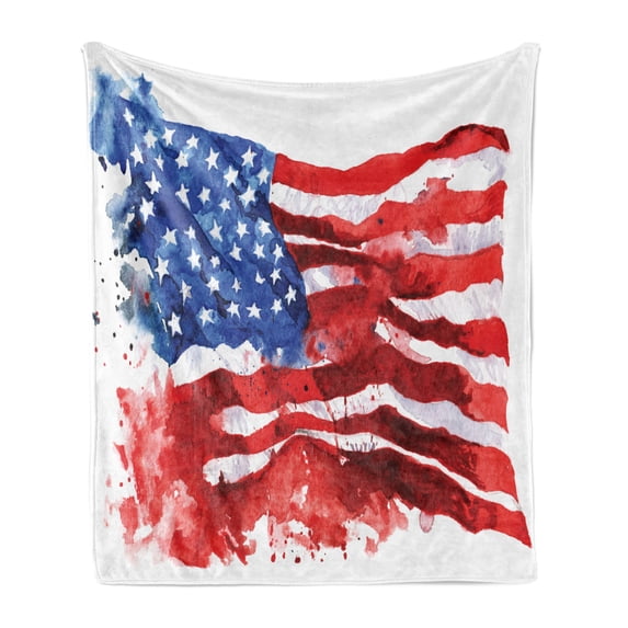 American Flag Soft Flannel Fleece Blanket, National Paint Brush Watercolor Digital Stroke Messy Graffiti Art Design Print, Cozy Plush for Indoor and Outdoor Use, 60" x 80", Red Blue, by Ambesonne