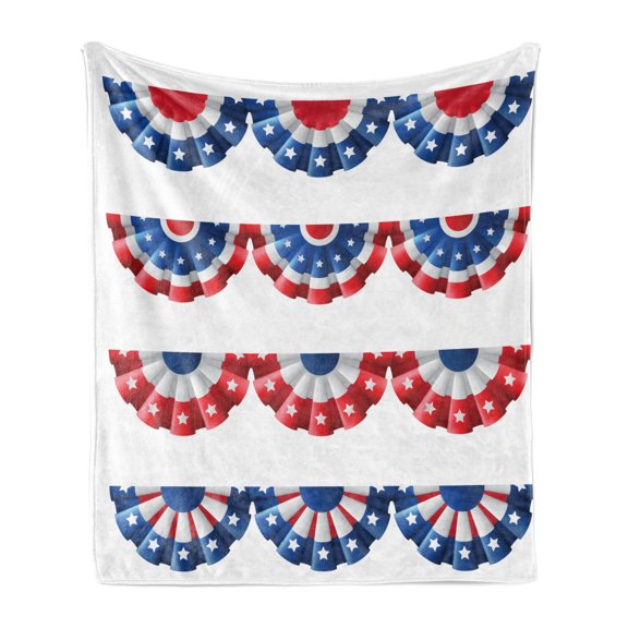 American Flag Soft Flannel Fleece Blanket, Flag Round Bunting Election Ornament Politic Union Ribbon Event Pattern Print, Cozy Plush for Indoor and Outdoor Use, 70" x 90", Blue Red, by Ambesonne