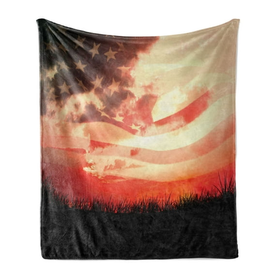 American Flag Soft Flannel Fleece Throw Blanket, Flag Against Red Horizon on Grass Park Field Identity Sunset Design, Cozy Plush for Indoor and Outdoor Use, 60" x 80", Multicolor, by Ambesonne