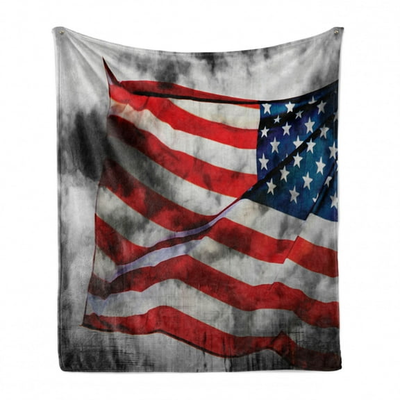 American Flag Soft Flannel Fleece Throw Blanket, Banner in the Sky on Cloudy Mist Display National Proud of Heritage, Cozy Plush for Indoor and Outdoor Use, 60" x 80", Grey Red Blue, by Ambesonne