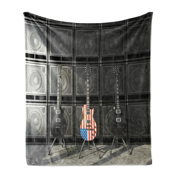 American Flag Soft Flannel Fleece Throw Blanket, Black and Us Bass Guitar Electronic Rock Music Theme Digital Graphic Work, Cozy Plush for Indoor and Outdoor Use, 70" x 90", Multicolor, by Ambesonne