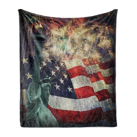 American Flag Soft Flannel Fleece Throw Blanket, Composite Photo of States with Fireworks on Background 4th of July Print, Cozy Plush for Indoor and Outdoor Use, 70" x 90", Multicolor, by Ambesonne